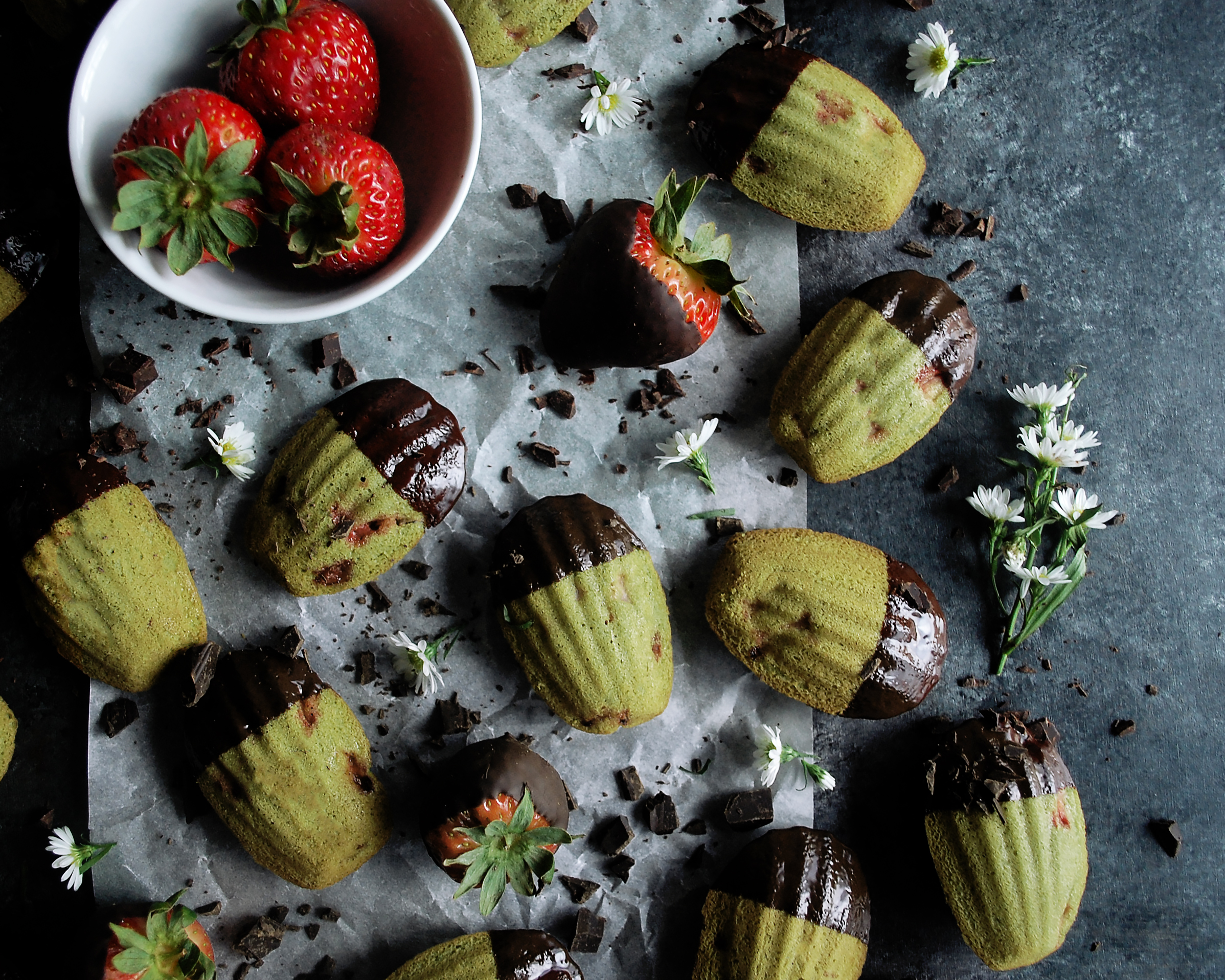 Chocolate Strawberry Matcha Madeleines