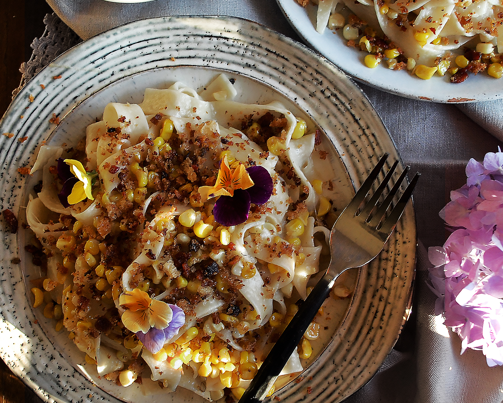 Smoked Corn Pasta with Bacon Breadcrumbs