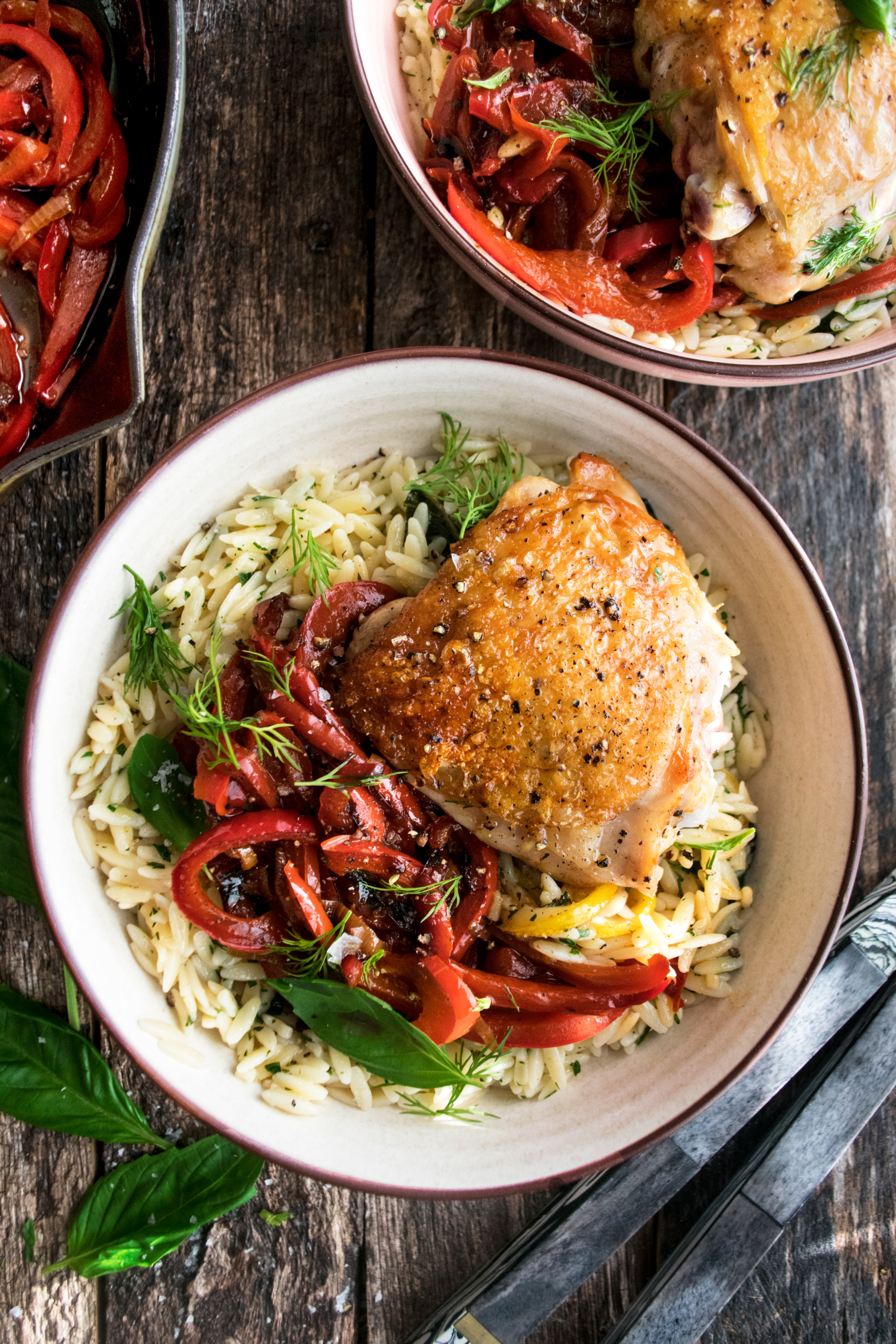 Crispy Chicken Thighs with Herb Orzo & Stewed Peppers