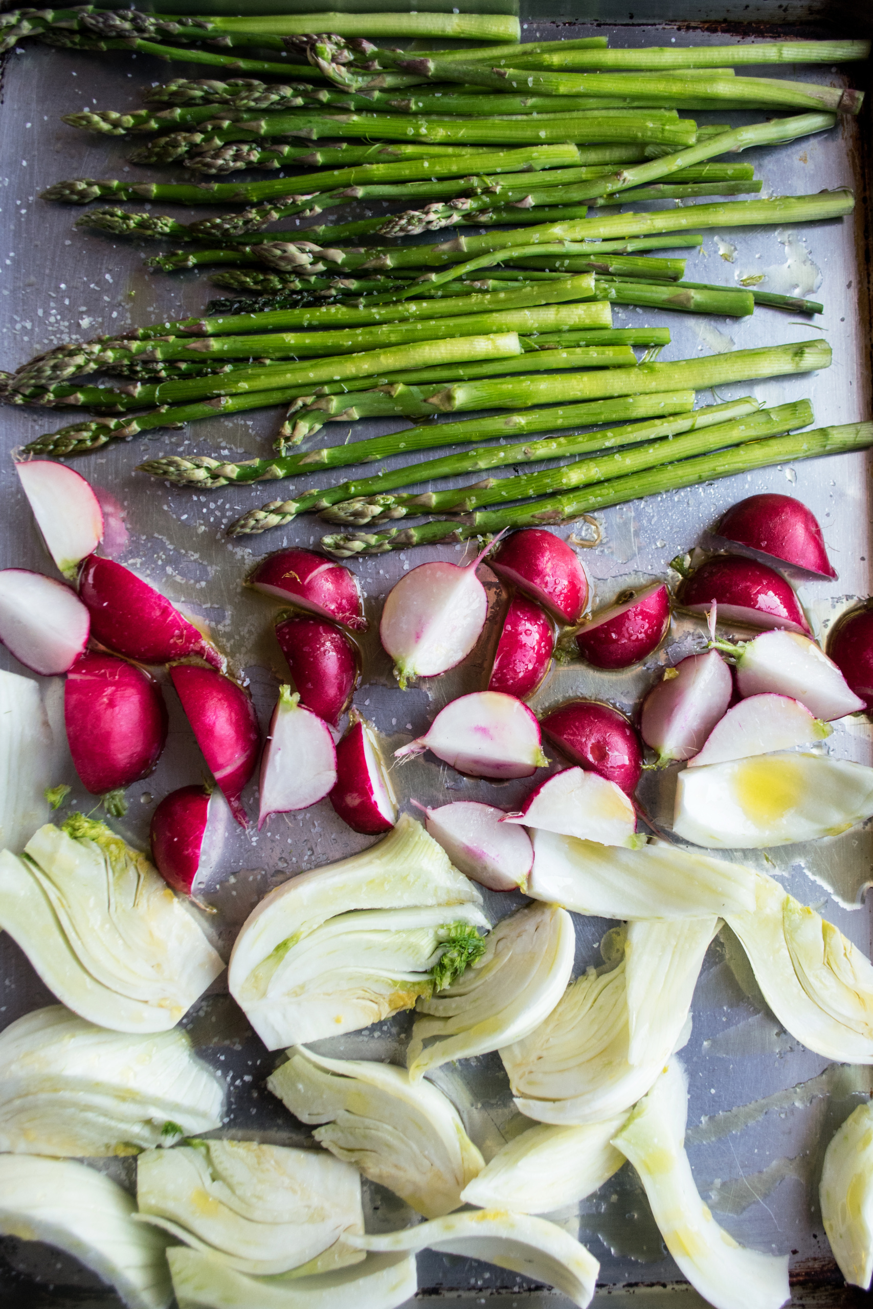 spring vegetables on sheet pan to roast