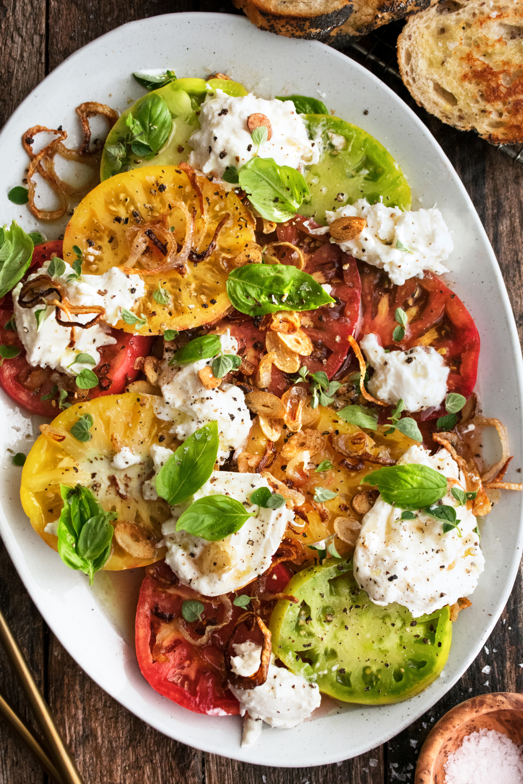 Tomatoes & Burrata with Crispy Shallot Vinaigrette
