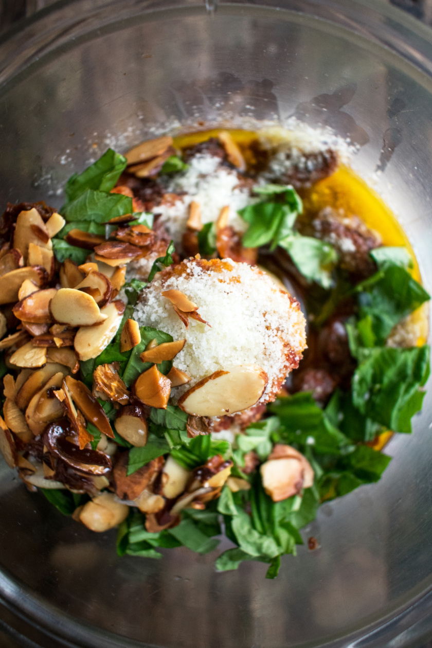 sun-dried tomato pesto ingredients in the food processor
