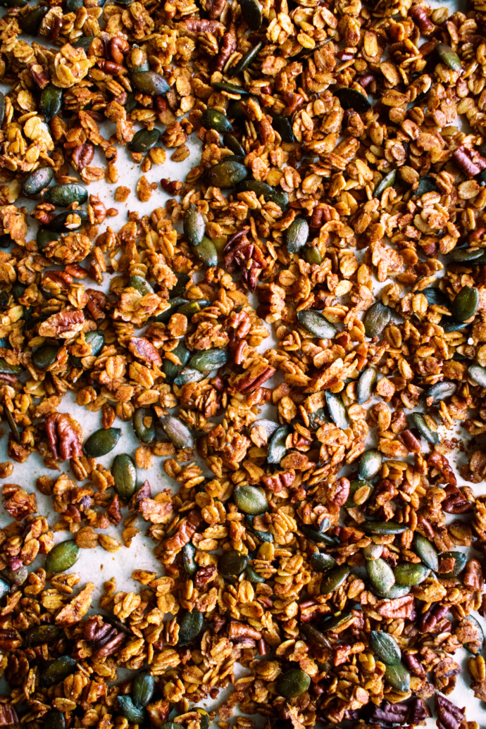 finished savory granola on a sheet pan